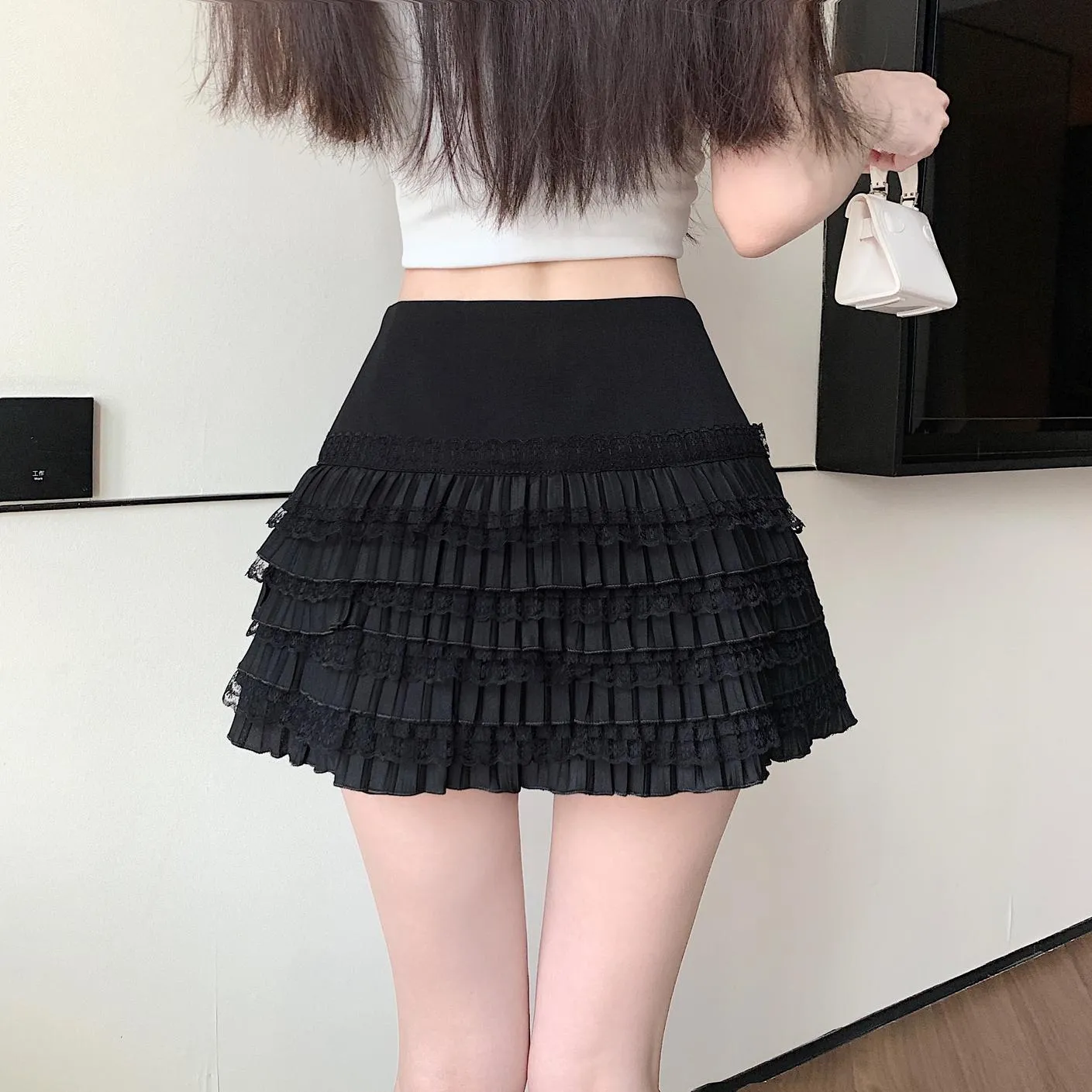 Solid Pleated Skirt Featuring Beautiful Lace Trim