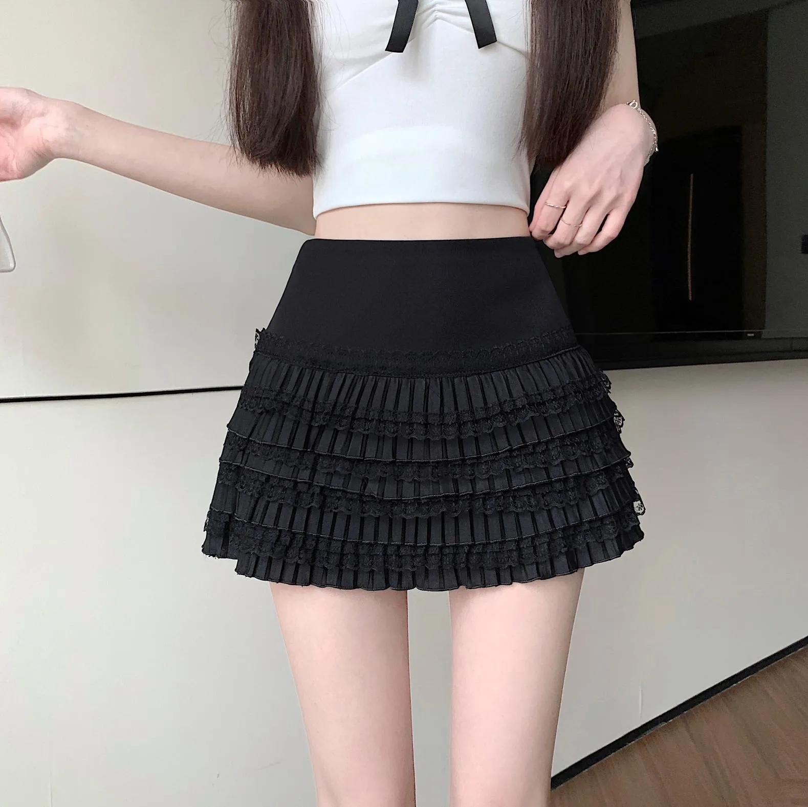 Solid Pleated Skirt Featuring Beautiful Lace Trim