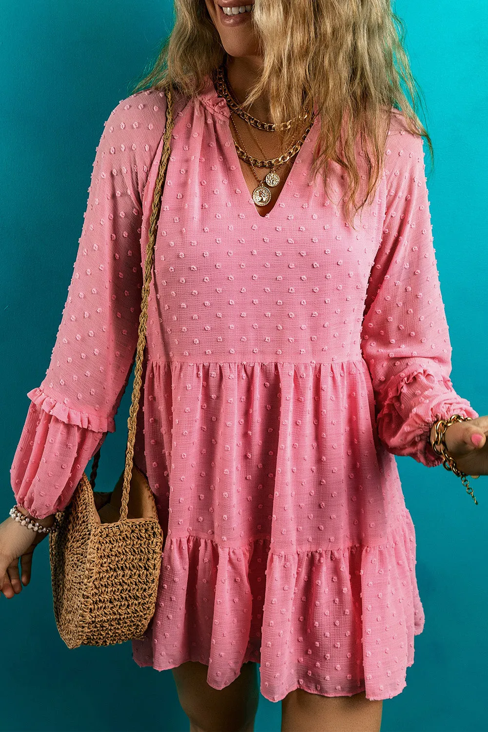 Split Neck Tiered Ruffled Short Dress