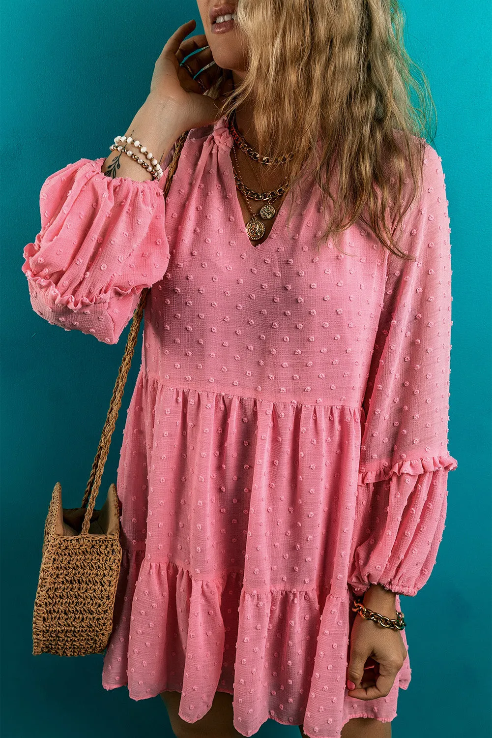 Split Neck Tiered Ruffled Short Dress