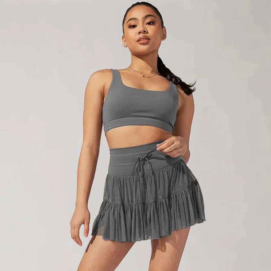 Sport Pleated Skirts With Safety Shorts Women Solid Color Streetwear High Waist Dance Skirts