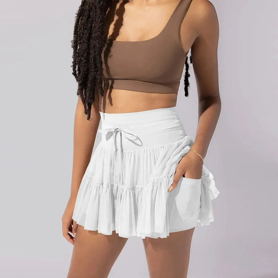 Sport Pleated Skirts With Safety Shorts Women Solid Color Streetwear High Waist Dance Skirts