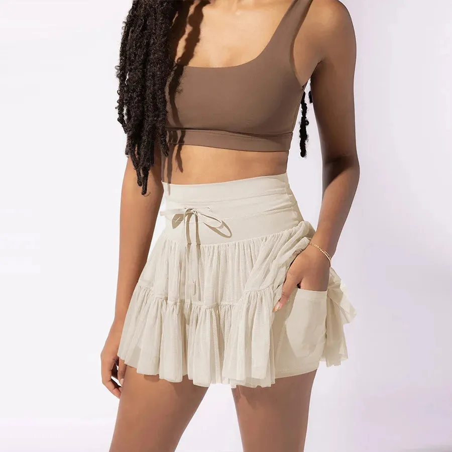 Sport Pleated Skirts With Safety Shorts Women Solid Color Streetwear High Waist Dance Skirts