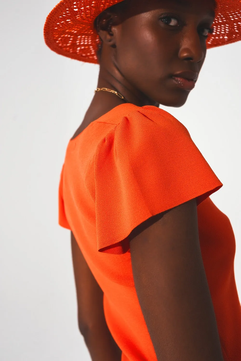 square neck puff sleeve sweater in orange