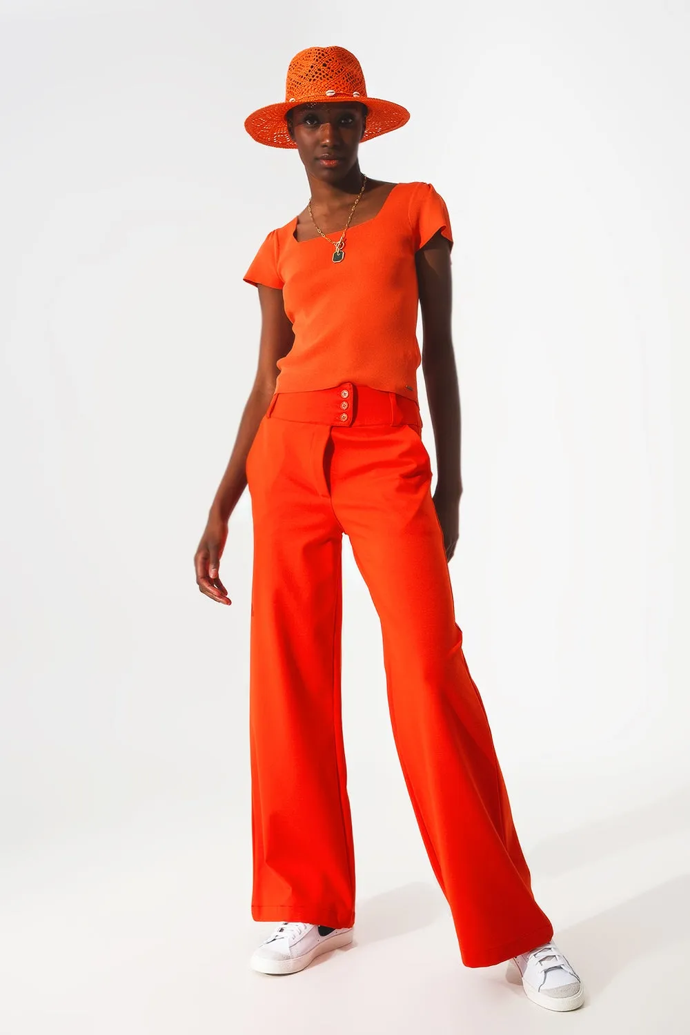 square neck puff sleeve sweater in orange