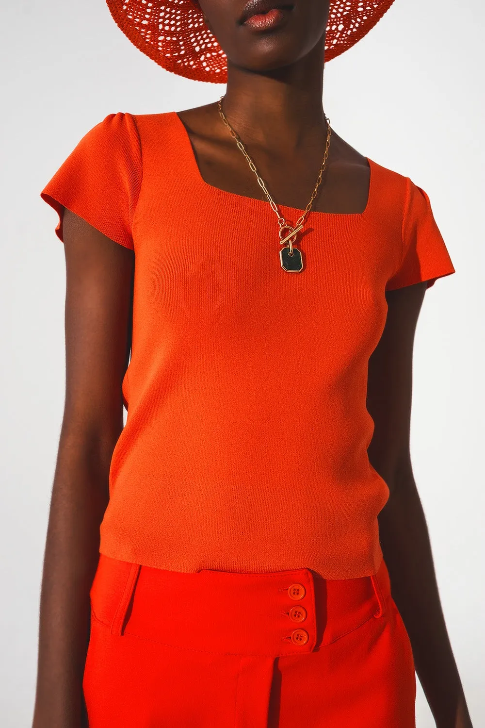 square neck puff sleeve sweater in orange