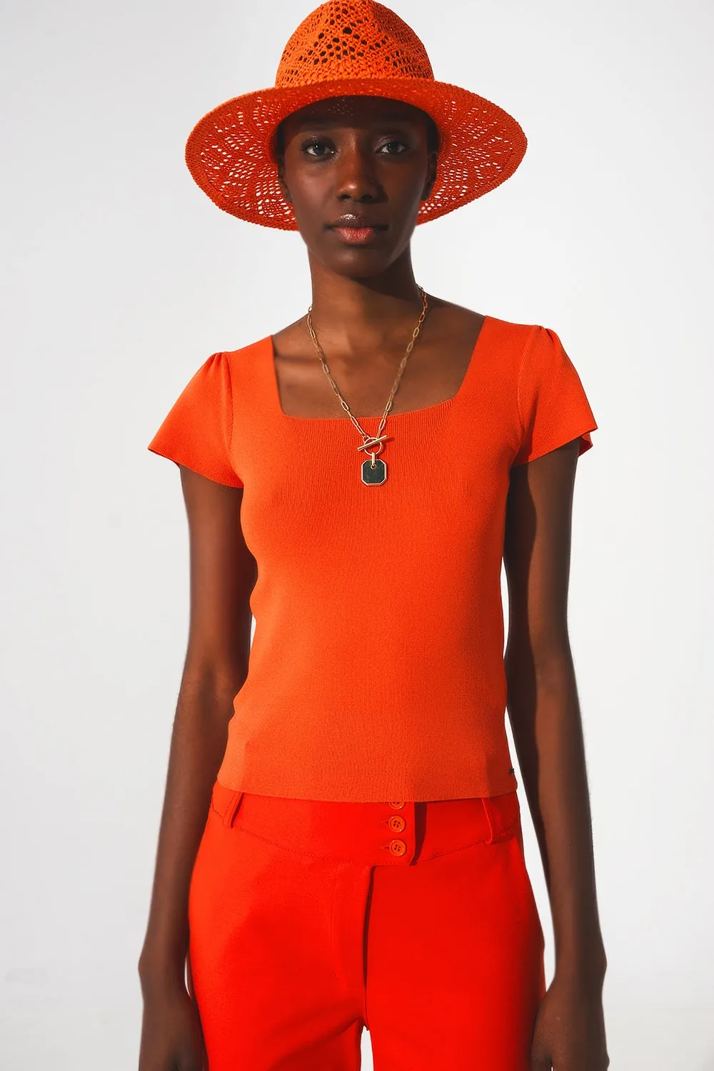 square neck puff sleeve sweater in orange