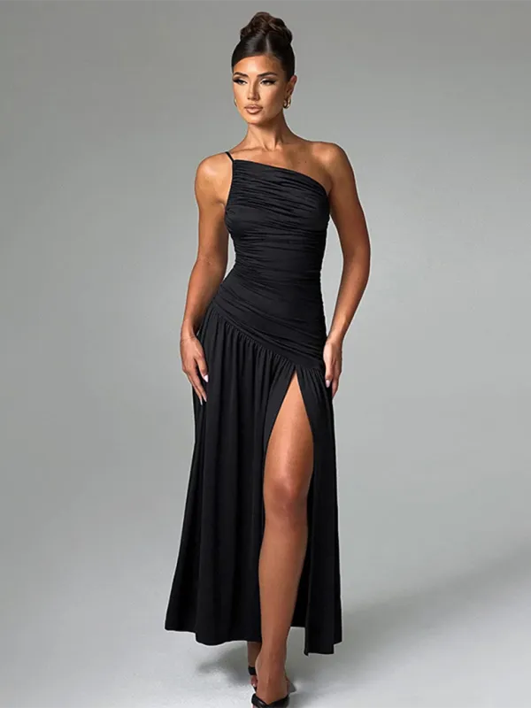 Strapless Off-Shoulder Maxi Dress with Ruched Bodice and High Slit