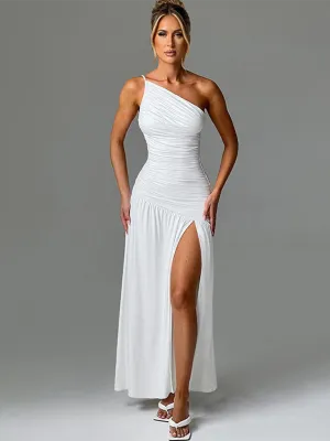 Strapless Off-Shoulder Maxi Dress with Ruched Bodice and High Slit