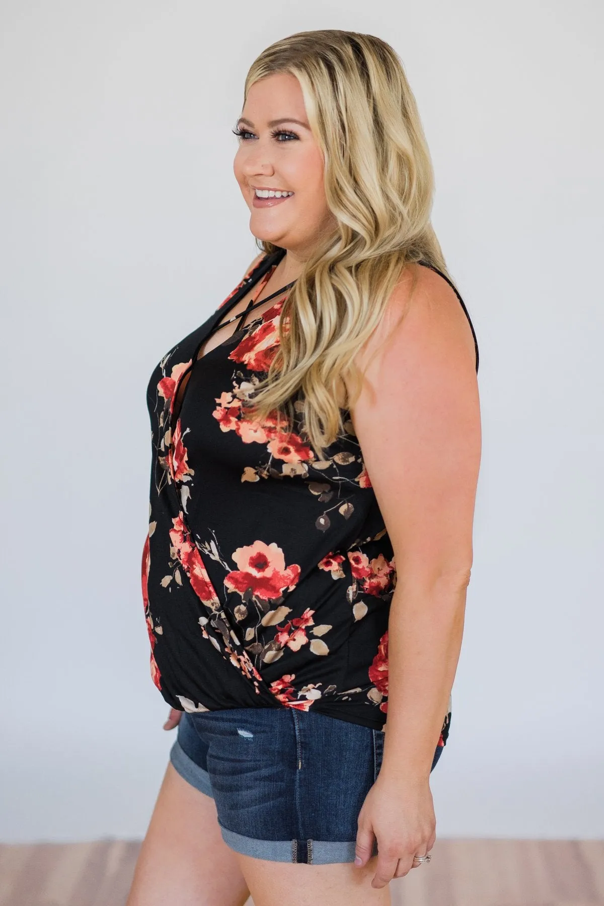 Stretch of Love Floral Wrap Tank Top- Black