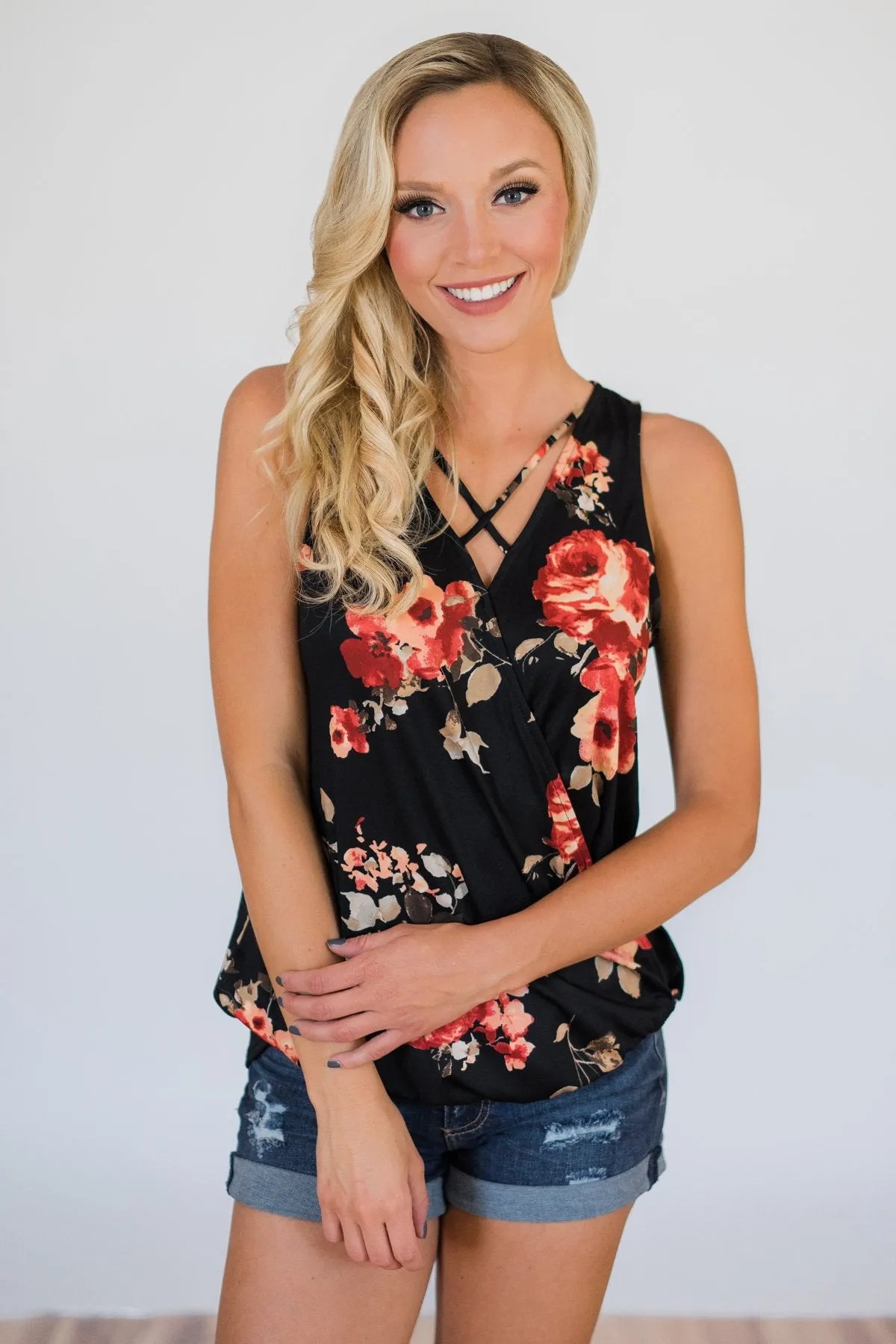 Stretch of Love Floral Wrap Tank Top- Black
