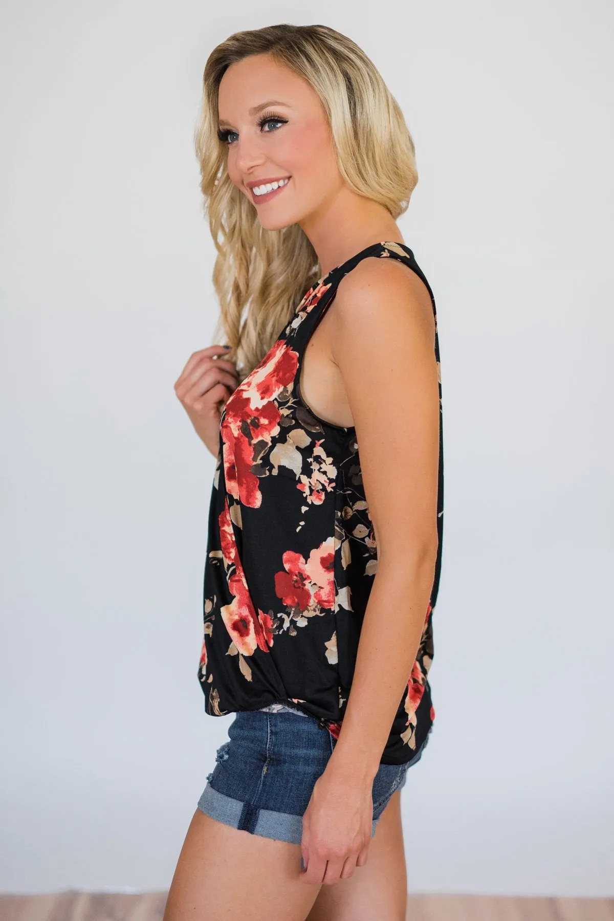Stretch of Love Floral Wrap Tank Top- Black