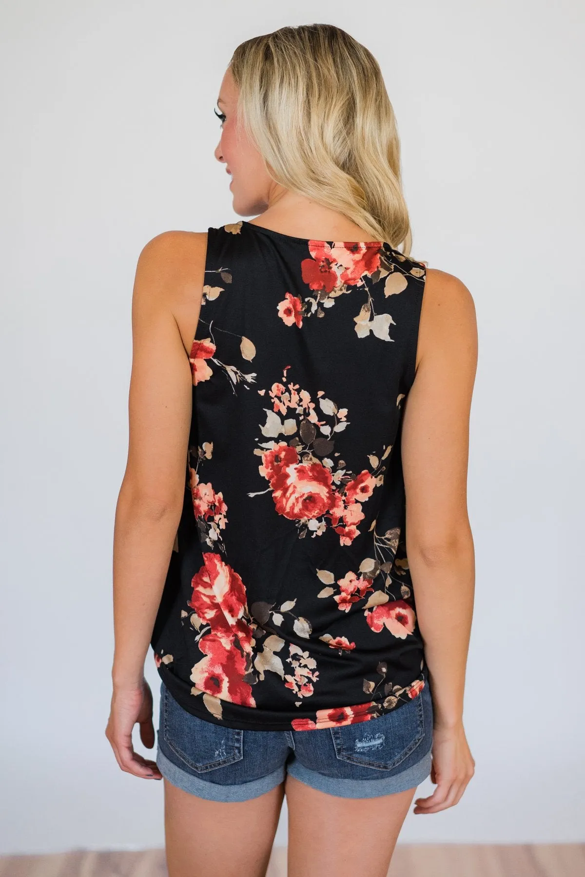 Stretch of Love Floral Wrap Tank Top- Black