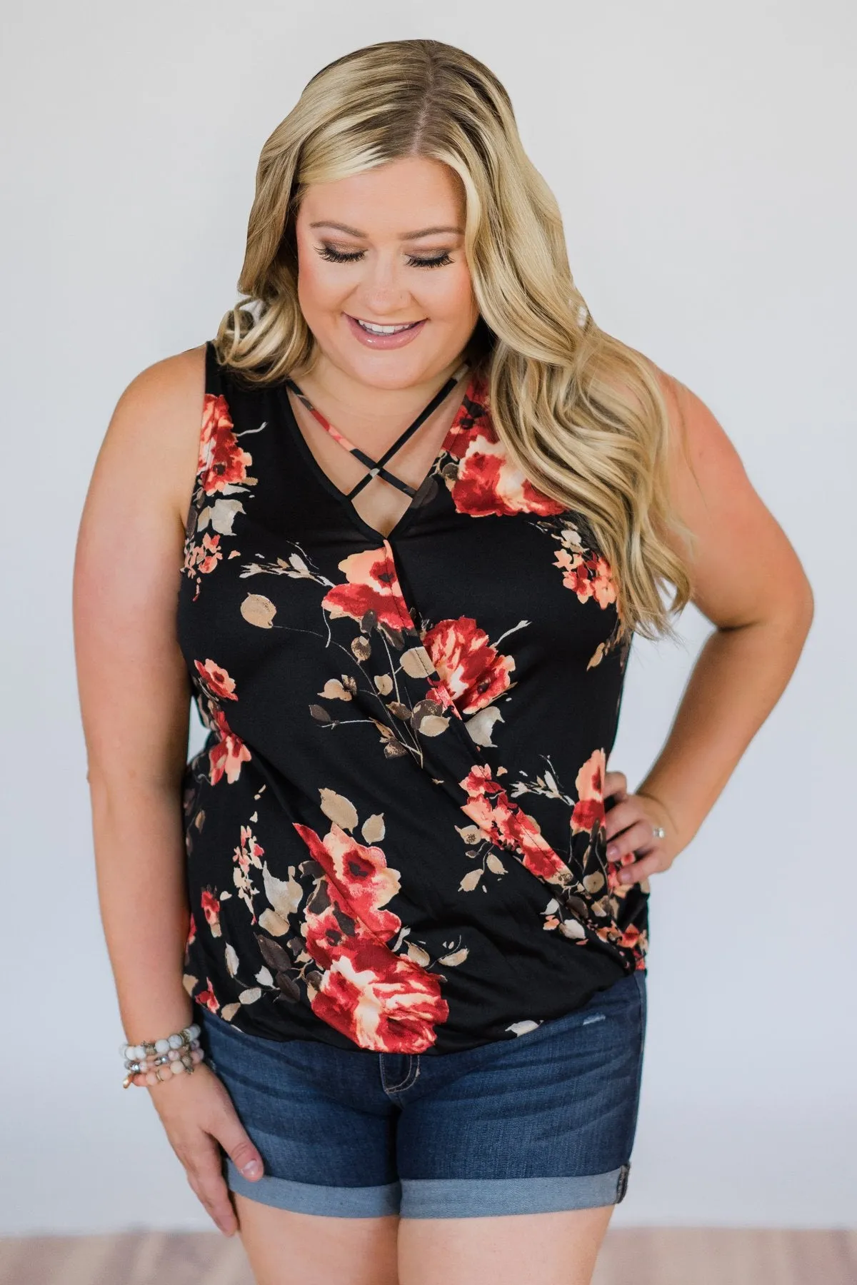 Stretch of Love Floral Wrap Tank Top- Black