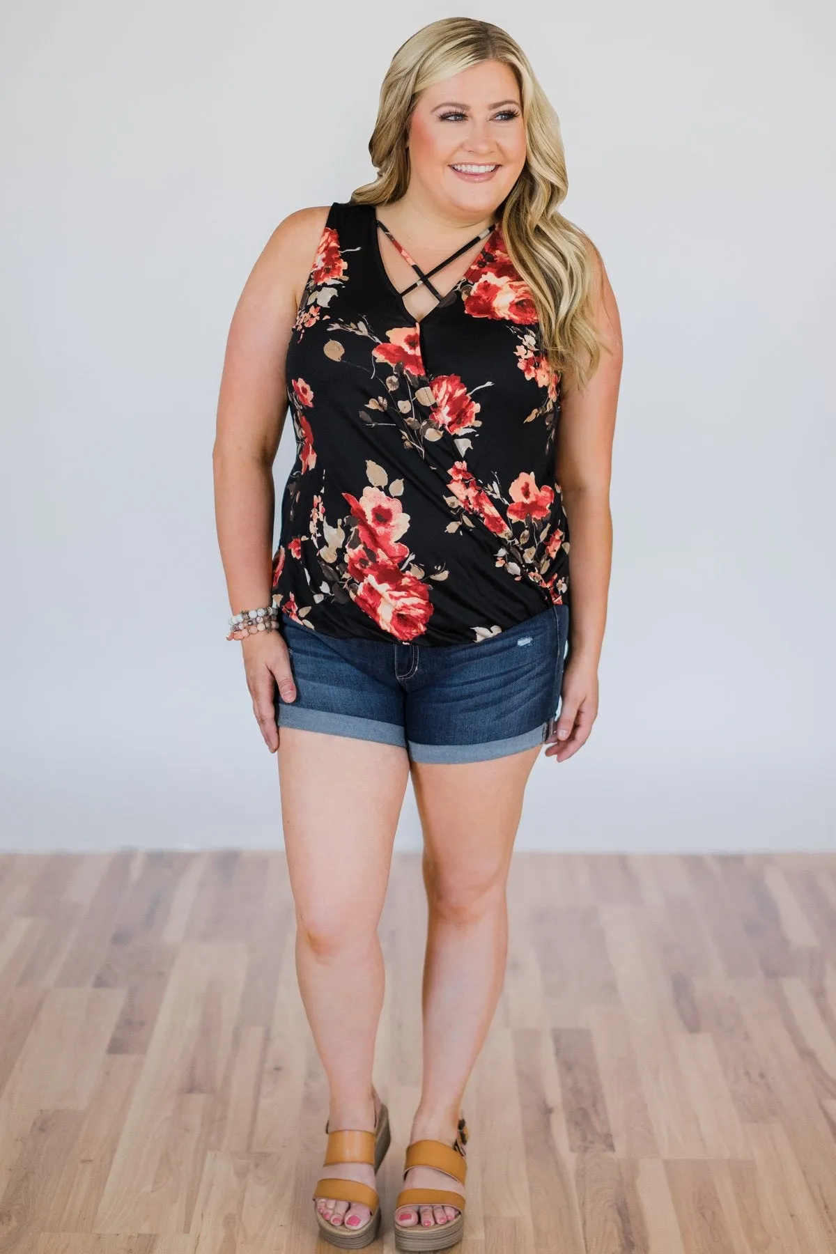 Stretch of Love Floral Wrap Tank Top- Black