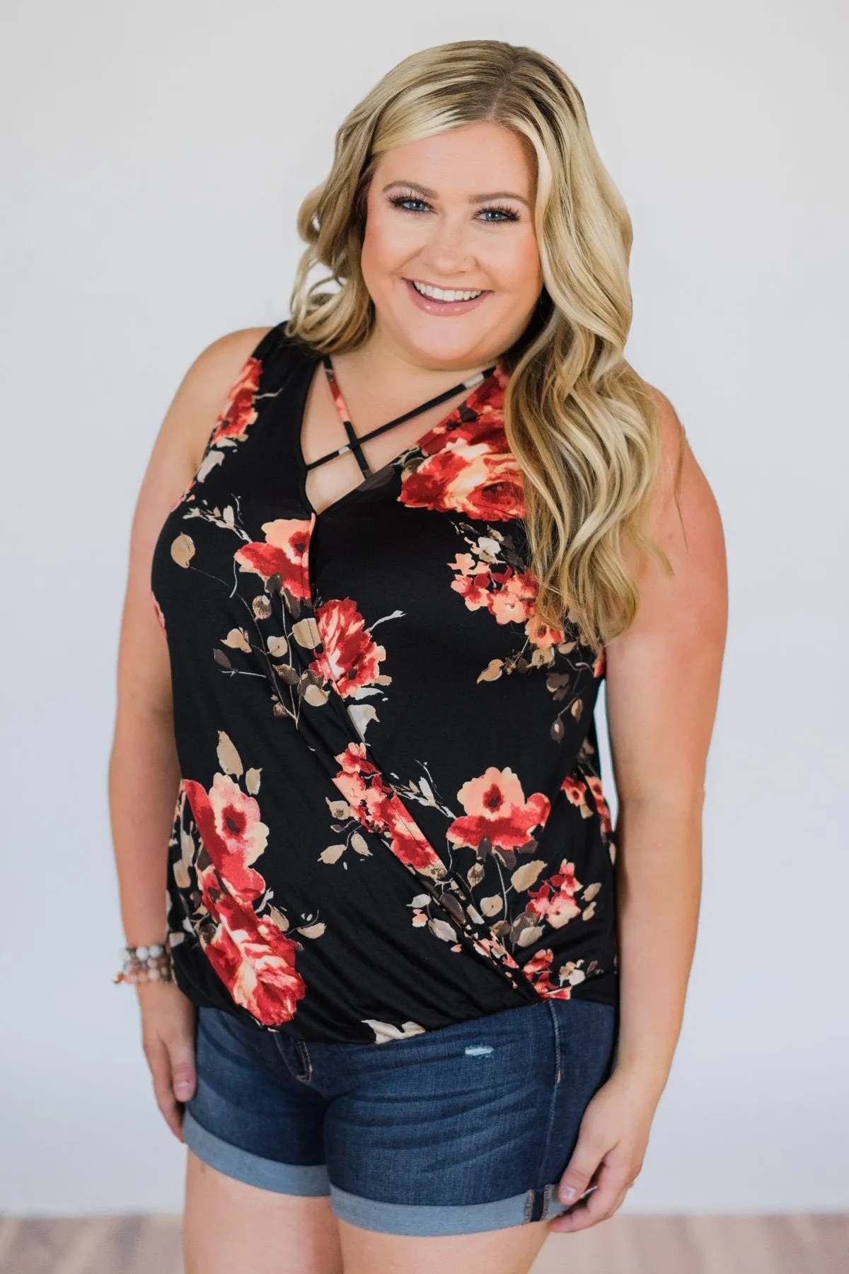 Stretch of Love Floral Wrap Tank Top- Black