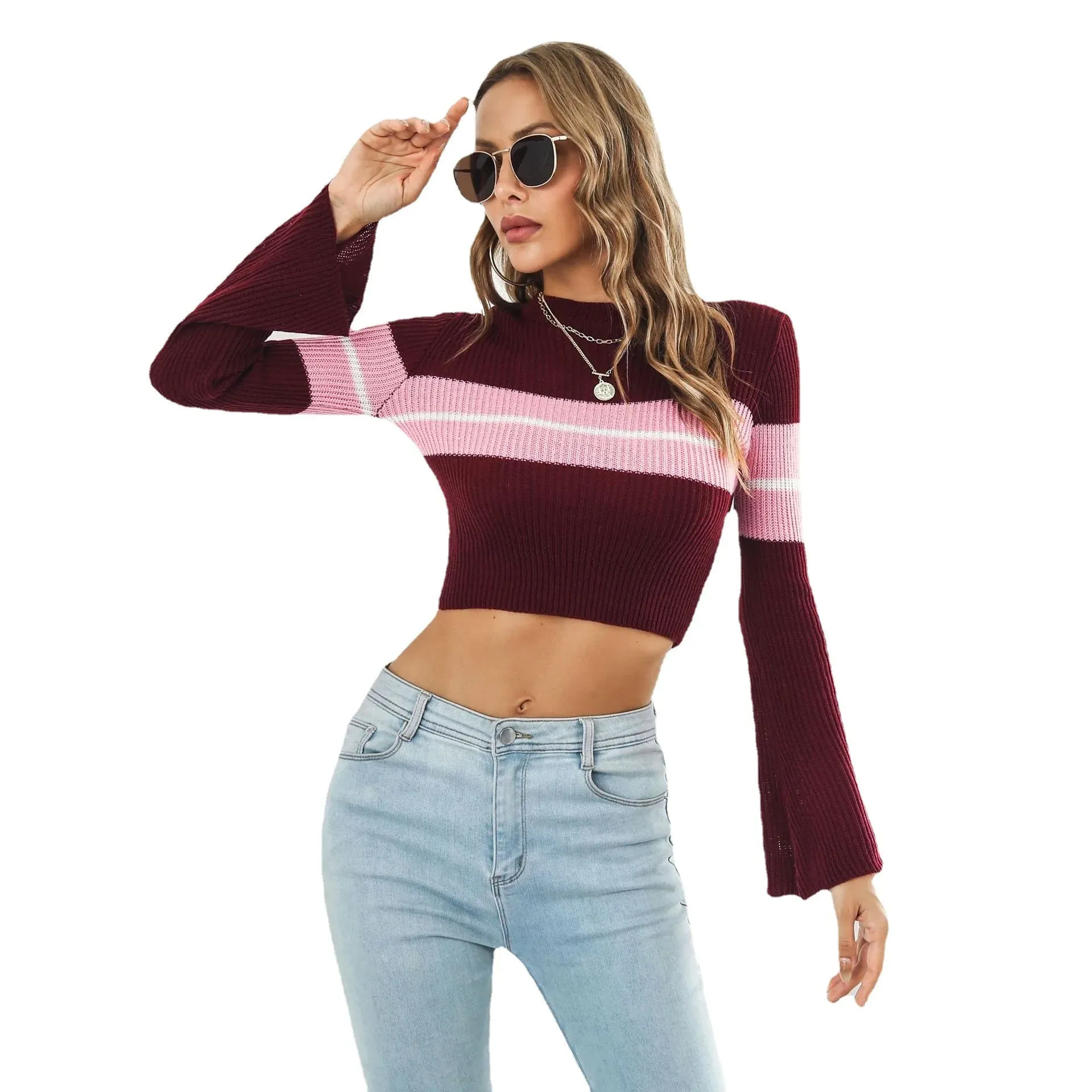 Stripe Flare Sleeve Crop Sweaters