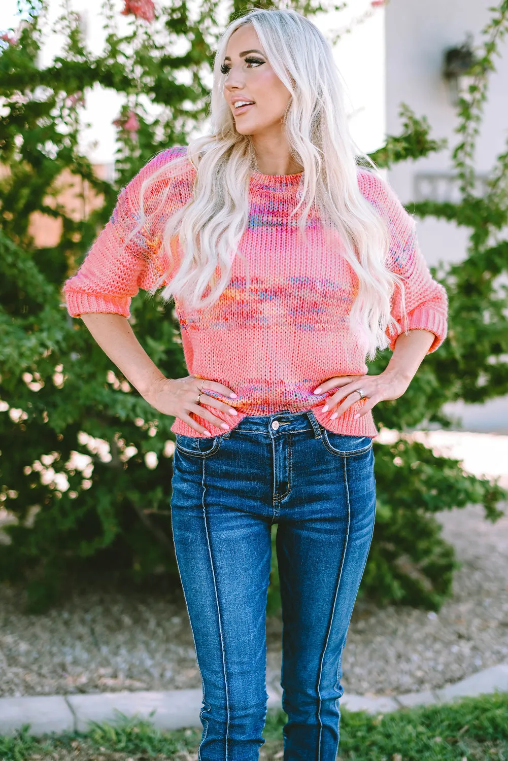Stripes 3/4 Sleeve Loose Sweater