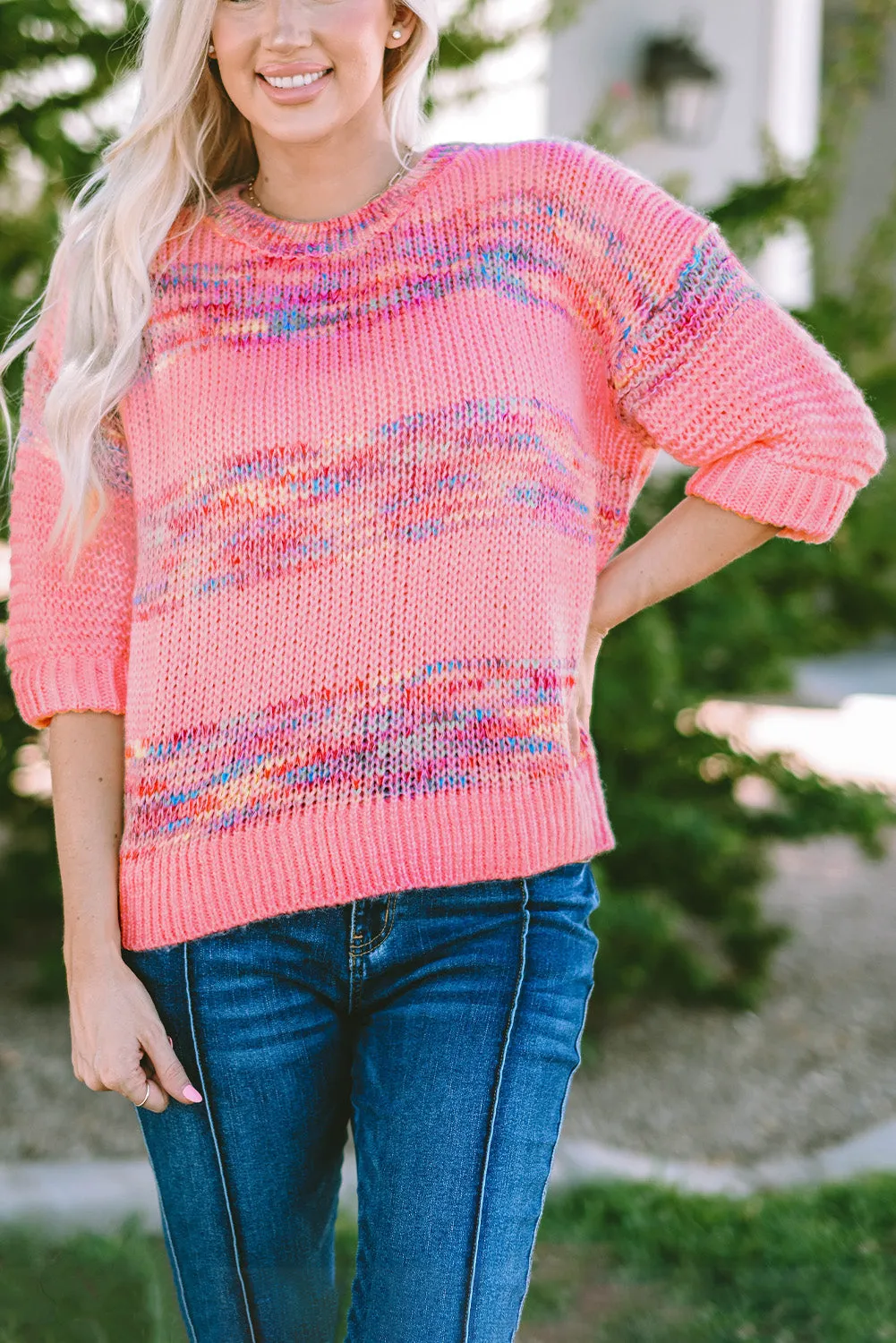 Stripes 3/4 Sleeve Loose Sweater