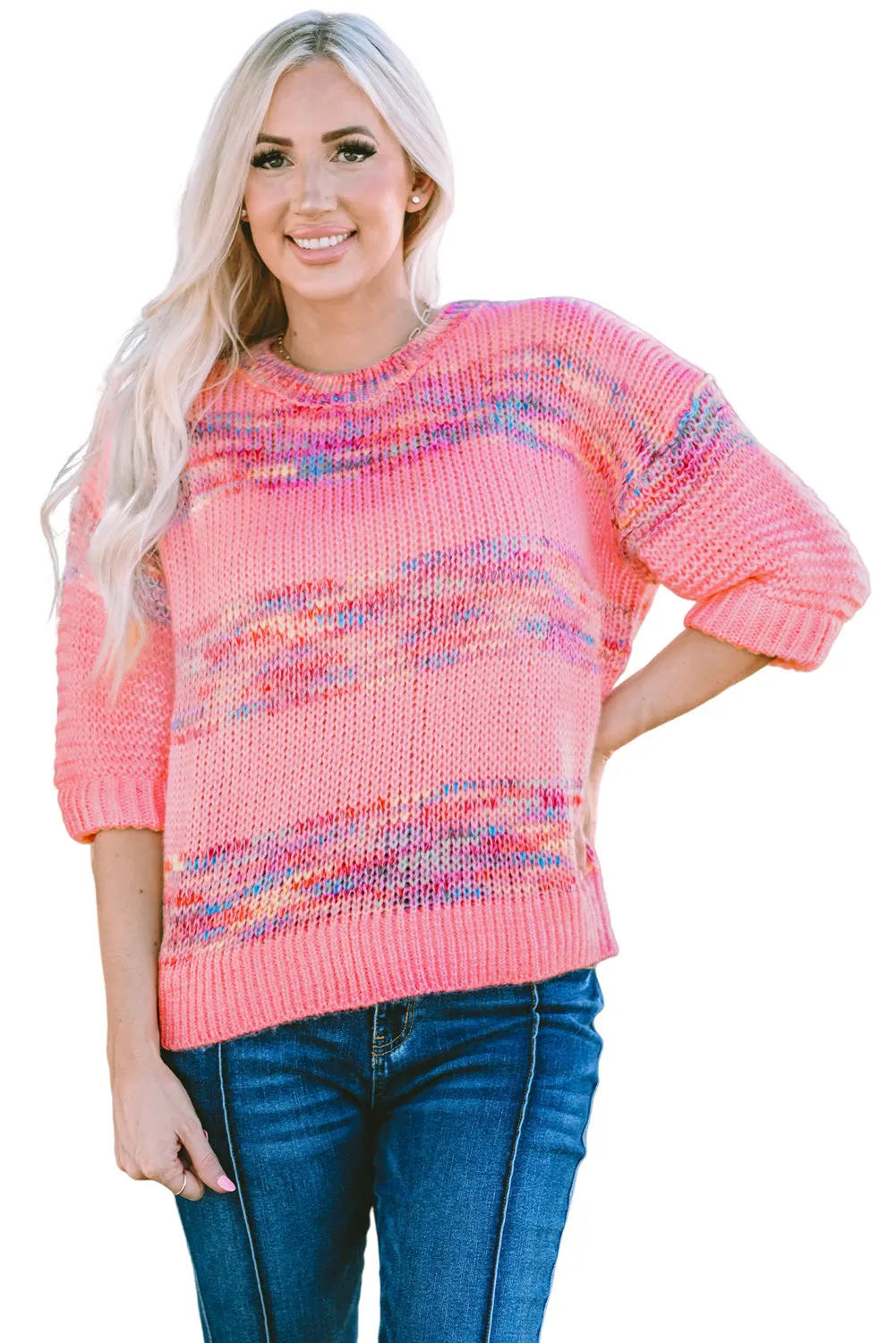 Stripes 3/4 Sleeve Loose Sweater