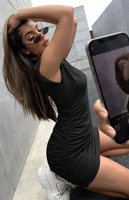Structured Shoulder Mini Dress with Ruched Hip Design
