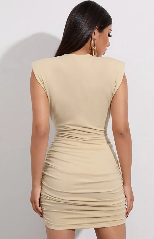Structured Shoulder Mini Dress with Ruched Hip Design