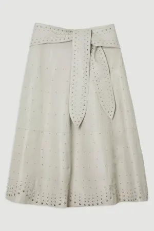 Studded Leather Tie Belted Full Midi Skirt