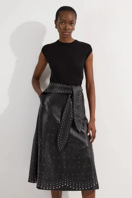 Studded Leather Tie Belted Full Midi Skirt