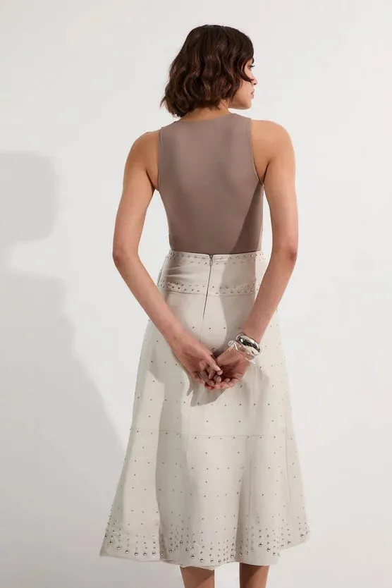 Studded Leather Tie Belted Full Midi Skirt