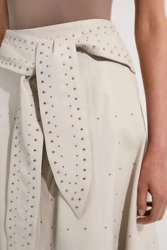 Studded Leather Tie Belted Full Midi Skirt