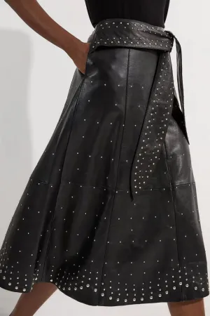 Studded Leather Tie Belted Full Midi Skirt