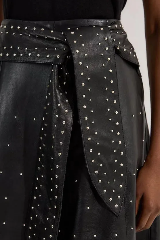 Studded Leather Tie Belted Full Midi Skirt