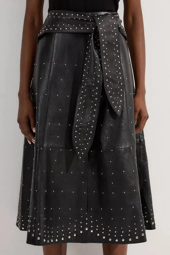 Studded Leather Tie Belted Full Midi Skirt