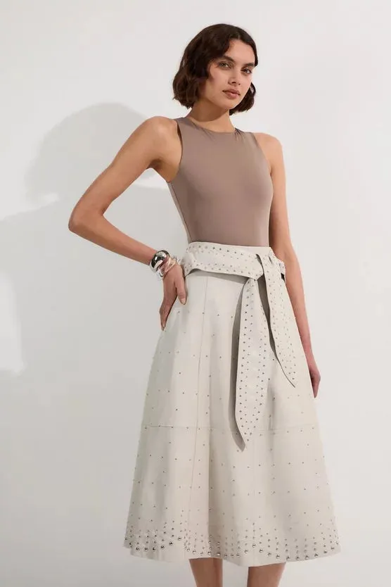Studded Leather Tie Belted Full Midi Skirt