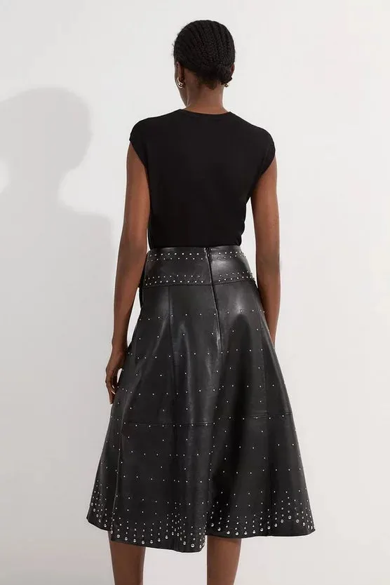 Studded Leather Tie Belted Full Midi Skirt
