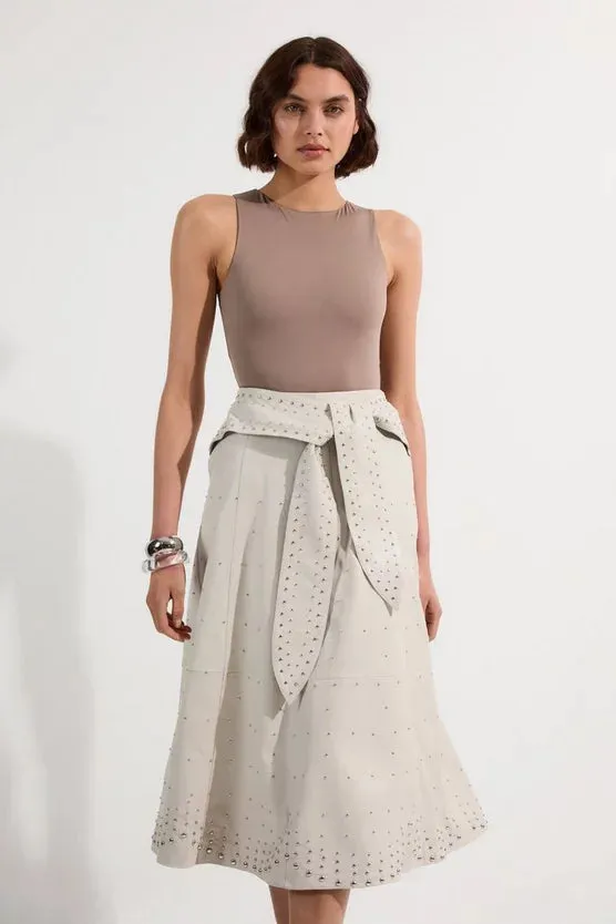 Studded Leather Tie Belted Full Midi Skirt