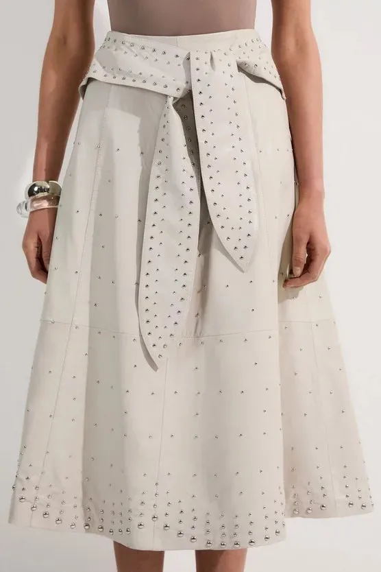 Studded Leather Tie Belted Full Midi Skirt