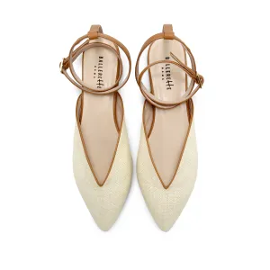 Summer Mule Shoes in Beige Raffia with Leather Ankle Tie