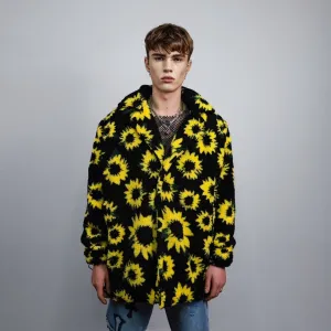 Sunflower fleece coat daisy trench floral pattern overcoat detachable sleeves rave bomber festival party jacket custom peacoat yellow black