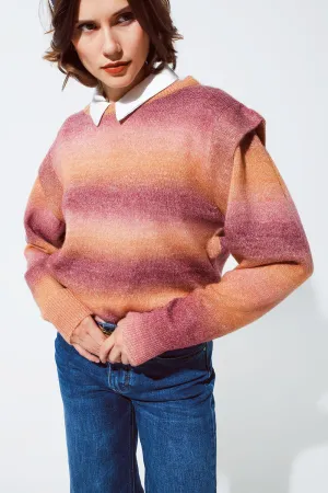 Sweater in orange and red ombre design with round neck and sleeve details
