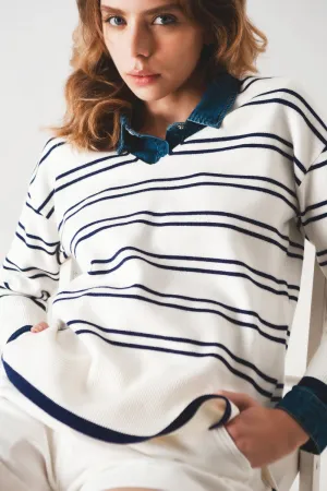Sweater in white with navy stripe