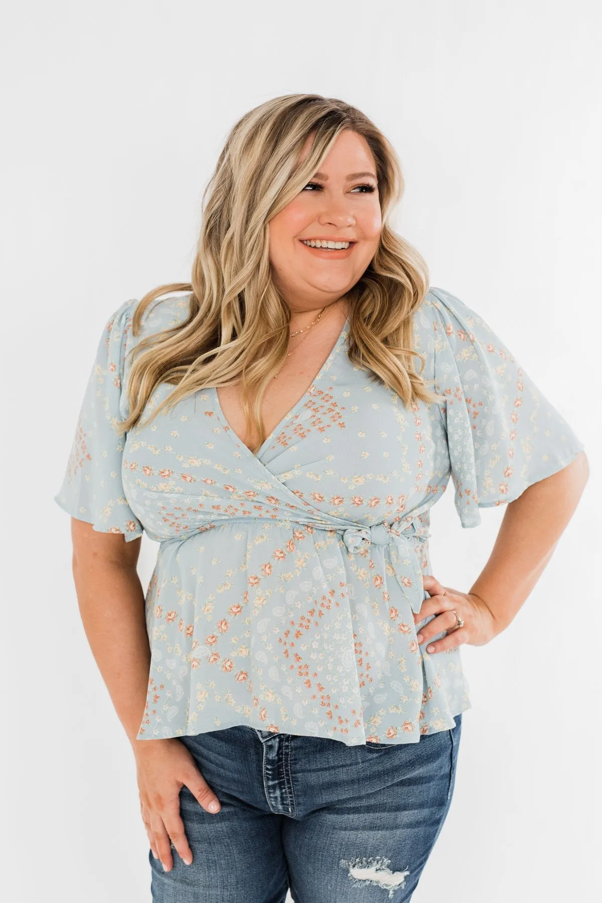The Things You Say Floral Wrap Top- Light Blue