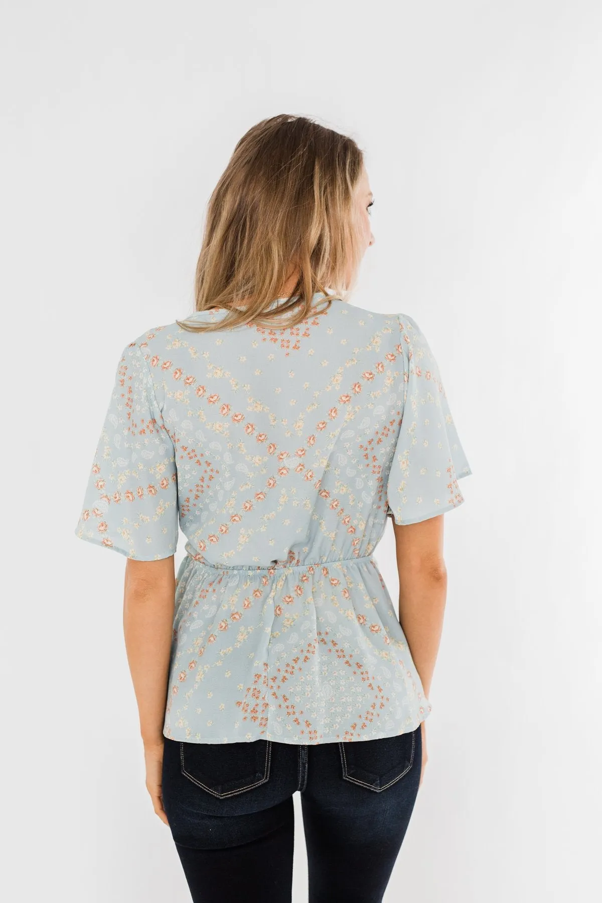The Things You Say Floral Wrap Top- Light Blue