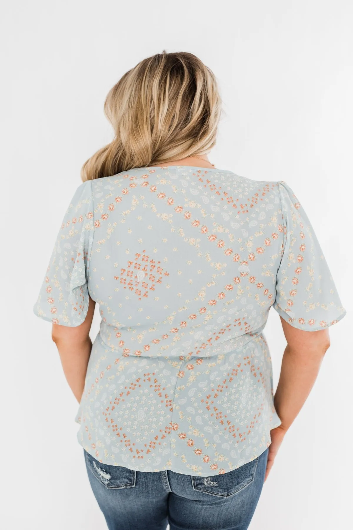 The Things You Say Floral Wrap Top- Light Blue