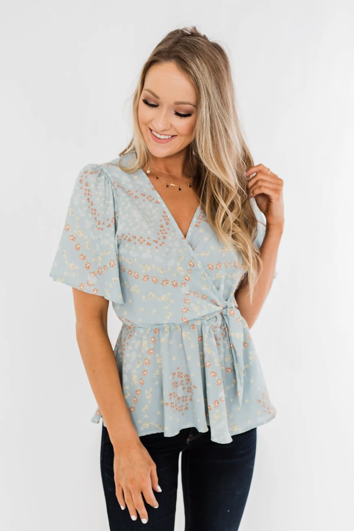 The Things You Say Floral Wrap Top- Light Blue