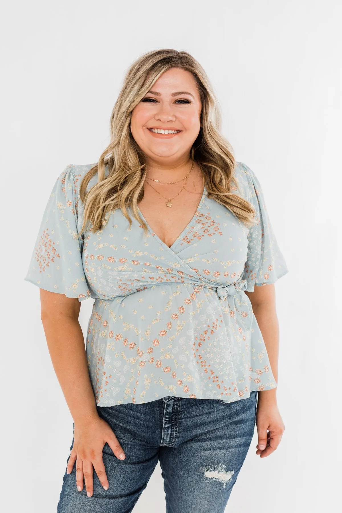 The Things You Say Floral Wrap Top- Light Blue
