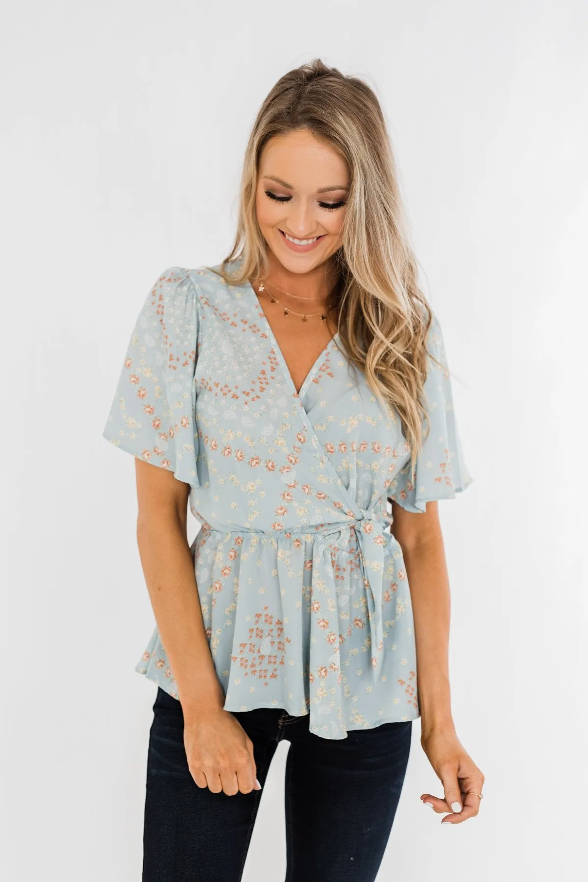 The Things You Say Floral Wrap Top- Light Blue