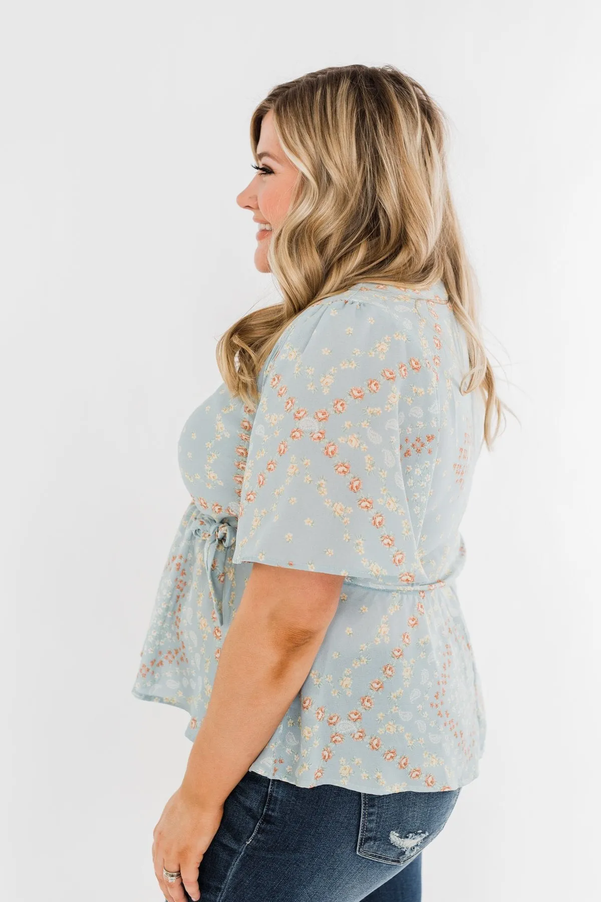 The Things You Say Floral Wrap Top- Light Blue
