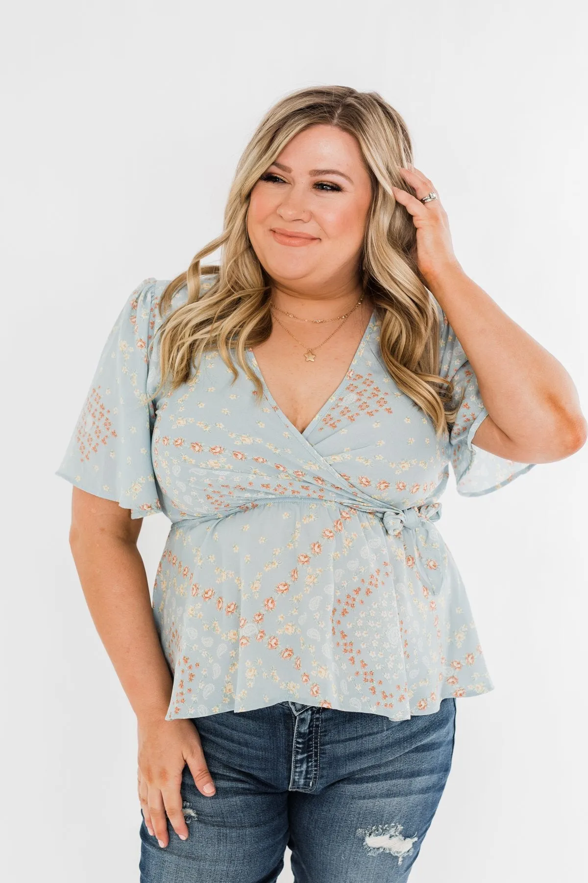 The Things You Say Floral Wrap Top- Light Blue