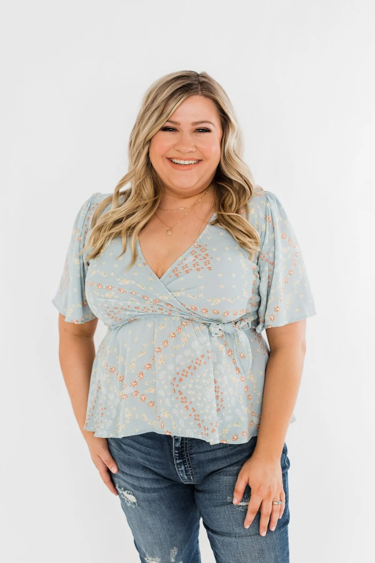 The Things You Say Floral Wrap Top- Light Blue